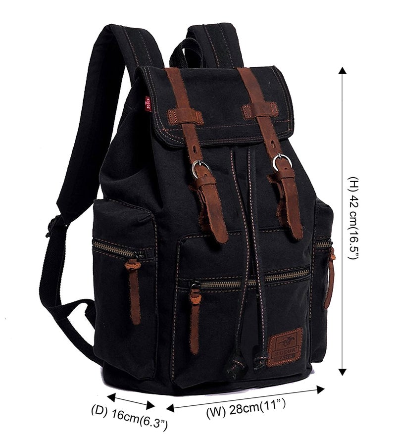 HuaChen Vintage Canvas Backpack, Casual Daypack Travel Rucksack with Leather for Men Women, 14â€³ Laptop Compartment & Hidden Antiâ€‘Theft Pocket, Hiking/School - M32 Black - Image 2